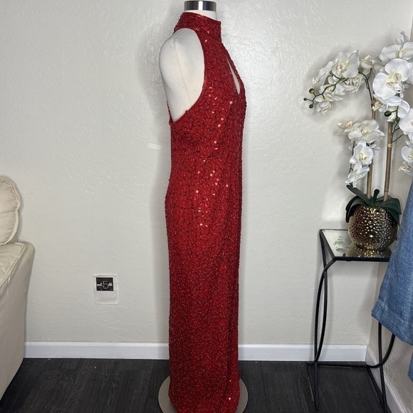 Scala Vintage 80s Red Beaded Sequin Slit Evening Dress Gown L - Picture 2 of 9